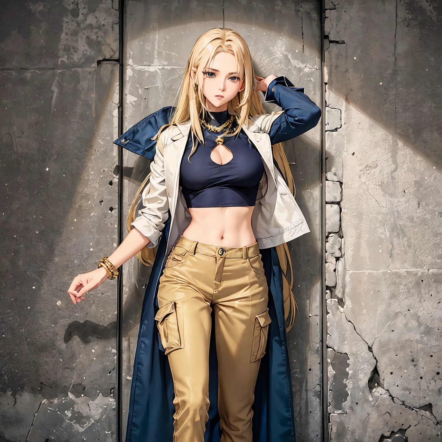 (tall,strong,confident) woman in a (white coat) with a (dark blue crop top) and (beige cargo pants). She has (ripped sleeves) and (long blonde hair) flowing down to her waist. giving her an air of mystery. On her wrists and feet, she wears (golden bead bracelets) that add a touch of elegance. The (white coat) contrasts with her (golden hair) and the dark colors of her outfit, creating a visually striking image.
The woman stands tall, exuding (confidence) and (strength). She has a commanding presence, owning the space around her. Her (long blonde hair) cascades down her back, adding movement and a sense of dynamism to the scene. The (ripped sleeves) of her coat suggest a rebellious nature, while the (beige cargo pants) imply a practical and versatile style.
The (golden bead bracelets) on her wrists and feet bring a touch of glamour and femininity to the scene. They catch the light, glinting and shimmering with every movement, reflecting her inner strength and confidence.
Overall, the image captures a (tall,strong,confident) woman with a striking sense of style. The combination of her (white coat), (dark blue crop top), and (beige cargo pants) creates a visually appealing and harmonious color palette. Her long blonde hair and the golden accessories add a touch of elegance and glamour to the scene. The (ripped sleeves) and hint at a rebellious and mysterious nature. The image is of (high quality) and has (realistic,photorealistic) details, reflecting the beauty and complexity of the subject. One woman, one female