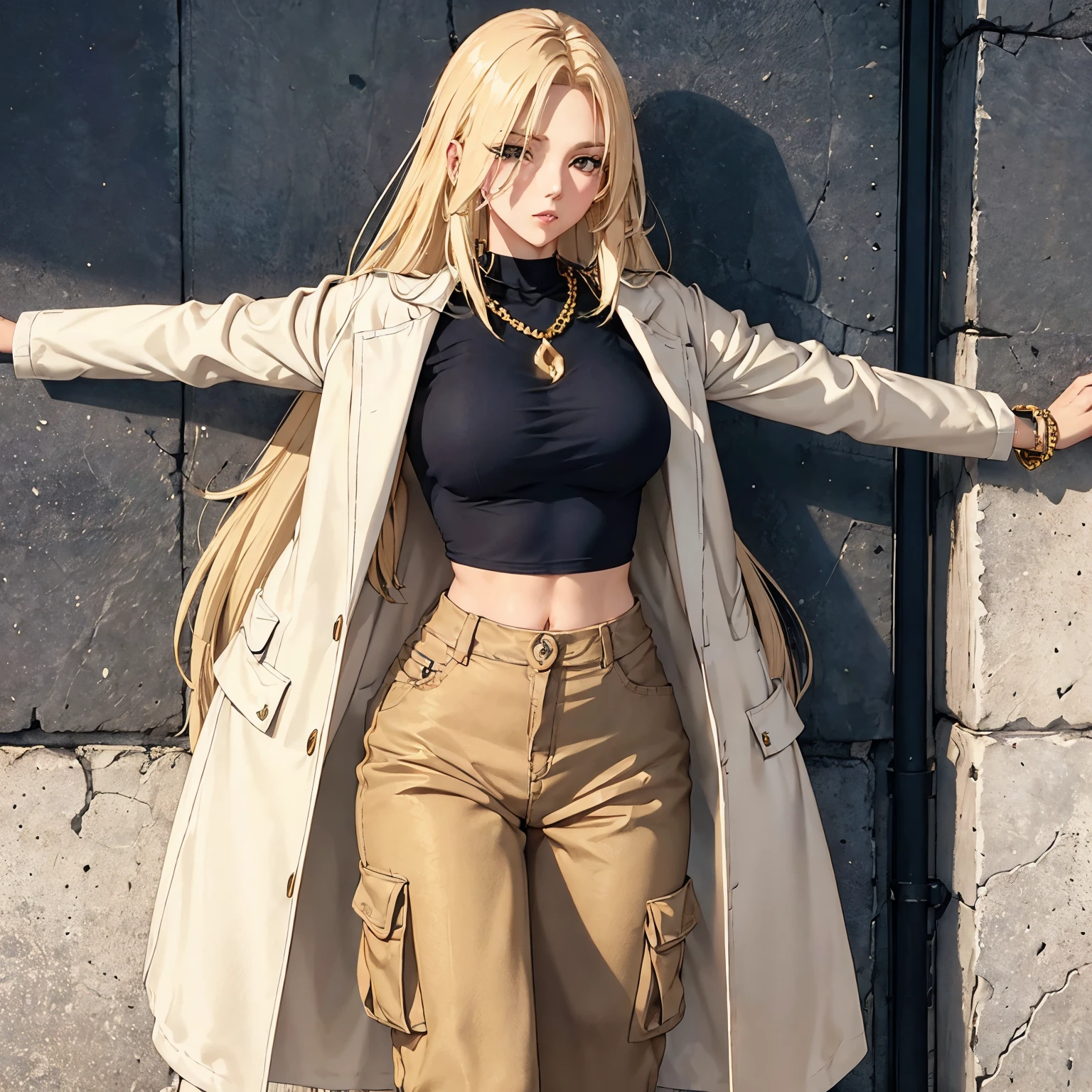 (tall,strong,confident) woman in a (white coat) with a (dark blue crop top) and (beige cargo pants). She has (ripped sleeves) and (long blonde hair) flowing down to her waist. giving her an air of mystery. On her wrists and feet, she wears (golden bead bracelets) that add a touch of elegance. The (white coat) contrasts with her (golden hair) and the dark colors of her outfit, creating a visually striking image.

The woman stands tall, exuding (confidence) and (strength). She has a commanding presence, owning the space around her. Her (long blonde hair) cascades down her back, adding movement and a sense of dynamism to the scene. The (ripped sleeves) of her coat suggest a rebellious nature, while the (beige cargo pants) imply a practical and versatile style.

The (golden bead bracelets) on her wrists and feet bring a touch of glamour and femininity to the scene. They catch the light, glinting and shimmering with every movement, reflecting her inner strength and confidence.

Overall, the image captures a (tall,strong,confident) woman with a striking sense of style. The combination of her (white coat), (dark blue crop top), and (beige cargo pants) creates a visually appealing and harmonious color palette. Her long blonde hair and the golden accessories add a touch of elegance and glamour to the scene. The (ripped sleeves) and hint at a rebellious and mysterious nature. The image is of (high quality) and has (realistic,photorealistic) details, reflecting the beauty and complexity of the subject. One woman, one female