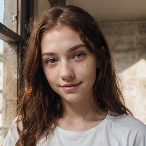 A girl, (21 years old) white skin, freckles, thin, wavy red hair, (((light brown eyes))) ((photo of the bust)) shy smile, (natural lighting) (black t-shirt)