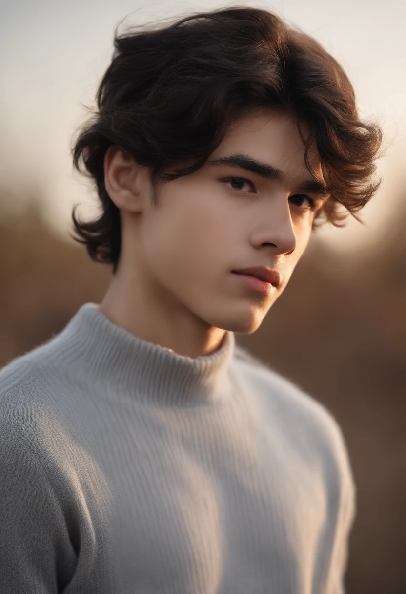 (Best Quality,4K,8K,hight resolution,masutepiece:1.2),Ultra-detailed,Realistic,Portrait,14 year old beautiful young man,Black disheveled hair,Black eyes,long eyelashes,Cute face,White turtleneck