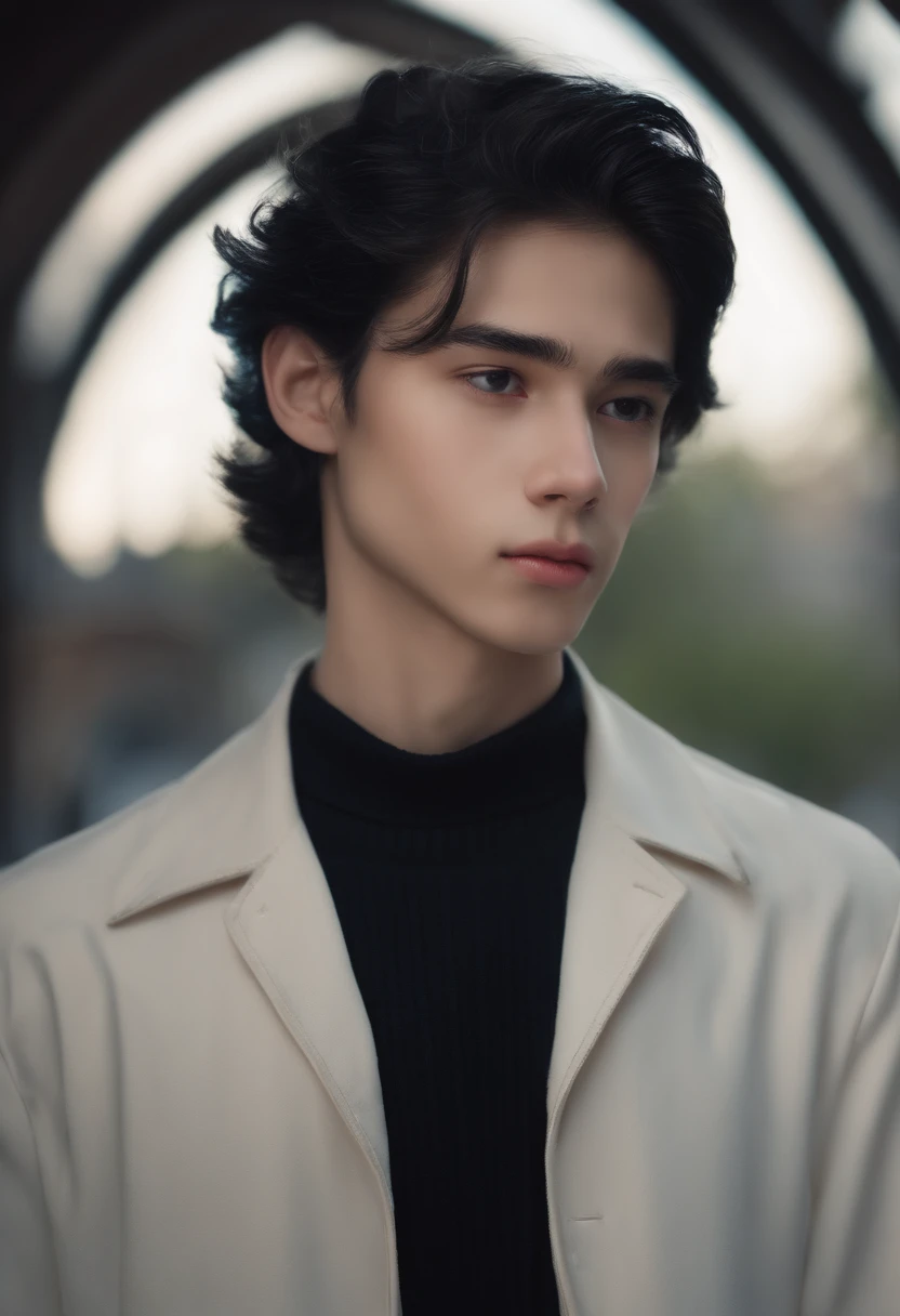 (Best Quality,4K,8K,hight resolution,masutepiece:1.2),Ultra-detailed,Realistic,Portrait, beautiful young man,Black disheveled hair,Black eyes,long eyelashes,Cute face,White turtleneck