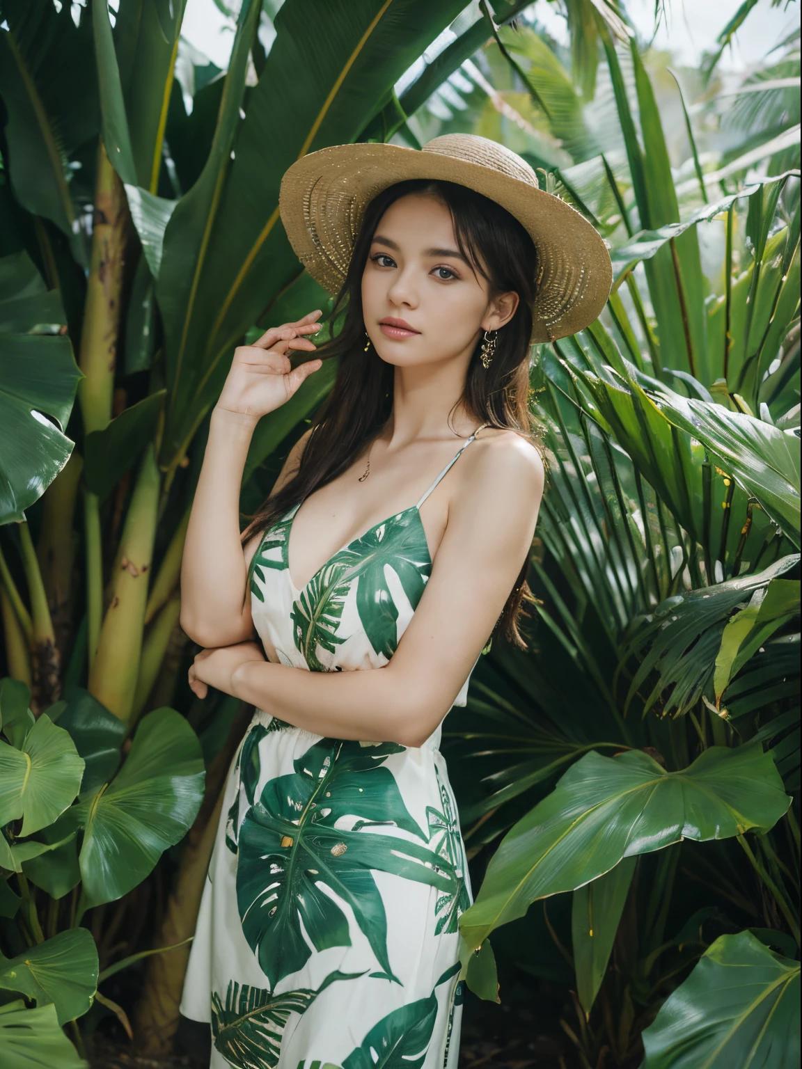 (8k, highest quality, ultra detailed:1.37), (Janette), 18yo, (a tropical Afrikaner college girl), enjoys the beauty of a tropical paradise. Dressed in a vibrant Floral Dress and a wide-brimmed Hat, she explores a lush tropical landscape. The high-resolution image captures ultra-detailed realism, emphasizing Janette's captivating eyes, long eyelashes, and flawless complexion. The exotic tropical backdrop, with palm trees and turquoise waters, adds to the serene atmosphere, creating a visually stunning representation of Janette in a tropical paradise.