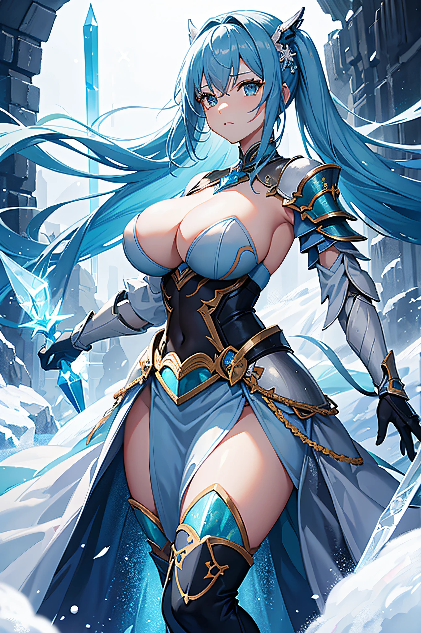 4K,hight resolution.One Woman,lightblue hair,poneyTail,Colossal tits,The brave,armor made of crystal,dress made of crystals,ice crystal,Snowflake,The sword,snow country