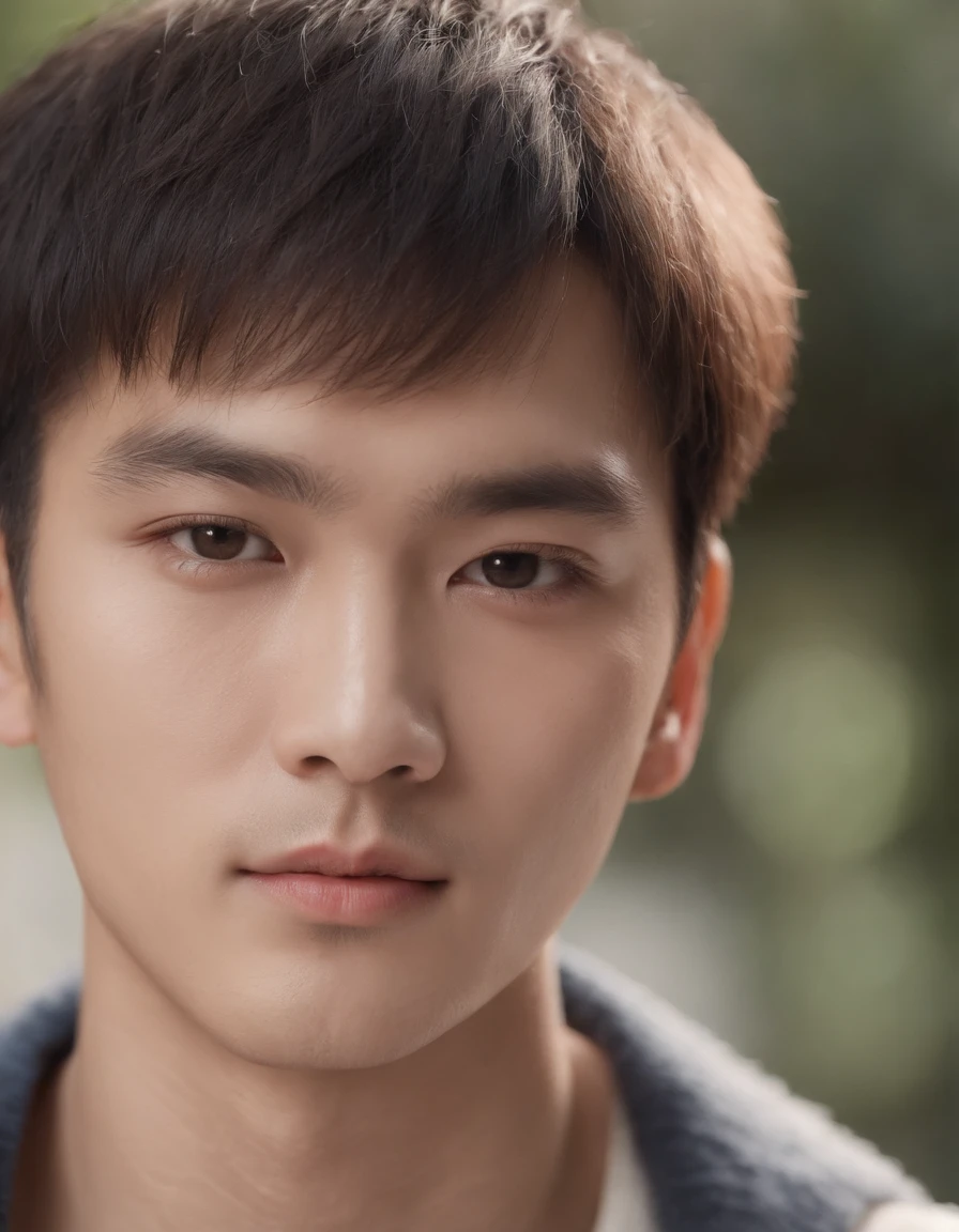 A pretty Asian man with a strong face and sharp eyes. dark haar bowl cut. The portrait is focused on his face, Close-up shot with 85mm. he is looking straight into the camera. The boy looks like Hwang Hyun Jin and Lee Jong Suk. Artwork is created using high quality materials, oil paintings, digital renderings, etc.. The image is、with very detailed features、Must have a realistic and photorealistic quality. lighting is balanced, Highlights the boy's facial structure、Bring out vibrant colors in your work. The overall tone should be warm and attractive.