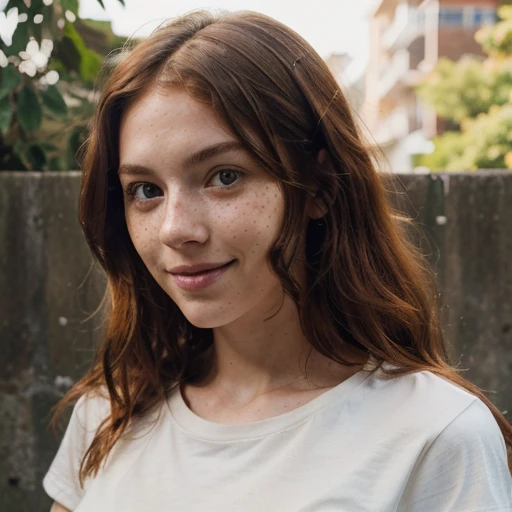 A girl, (25 years old) white skin, freckles, thin, wavy red hair, (((light brown eyes))) ((photo of the bust)) shy smile, (natural lighting) (black t-shirt)