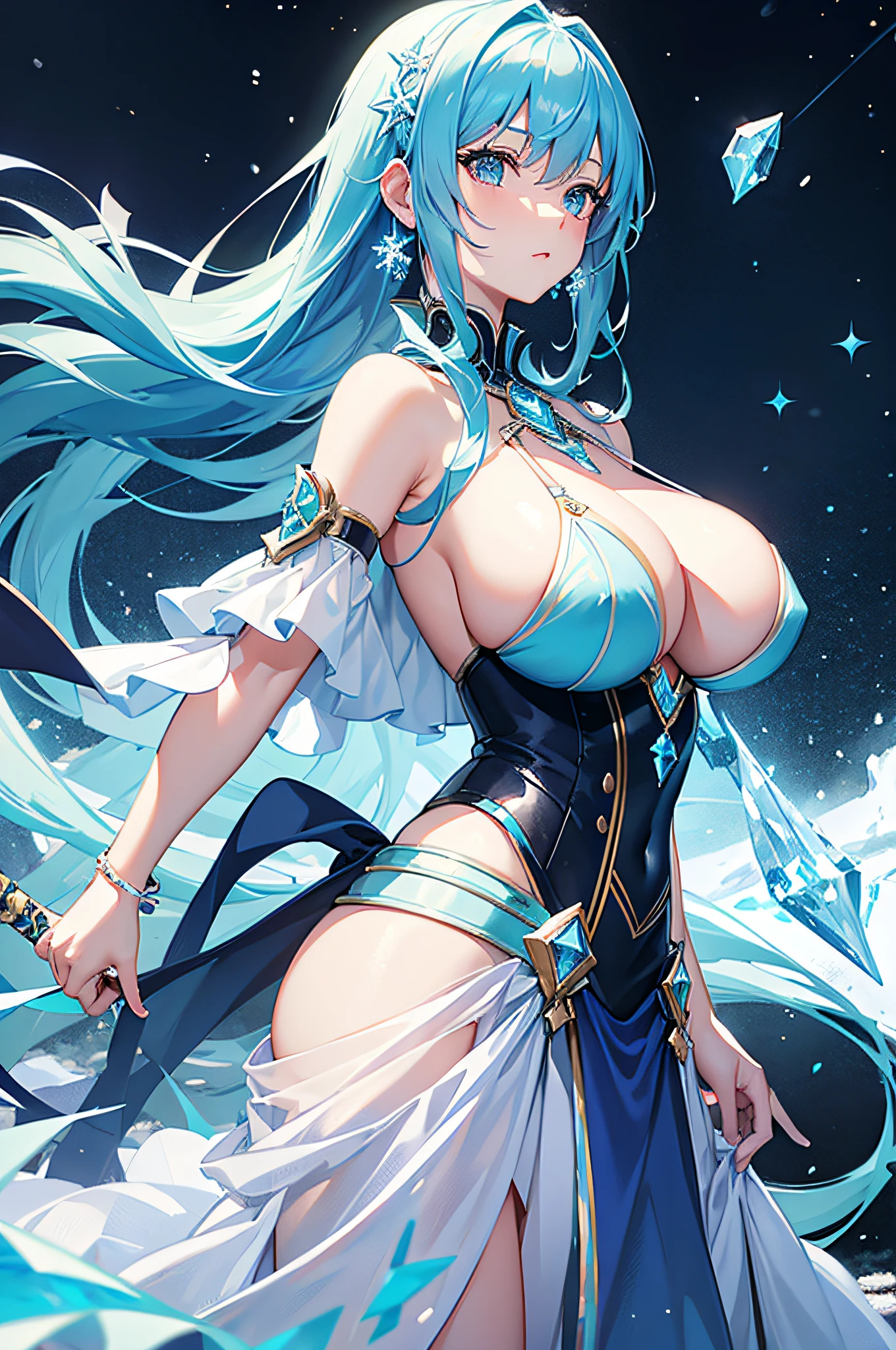 4K,hight resolution.One Woman,lightblue hair,poneyTail,Colossal tits,The brave,armor made of crystal,dress made of crystals,ice crystal,Snowflake,The sword,snow country