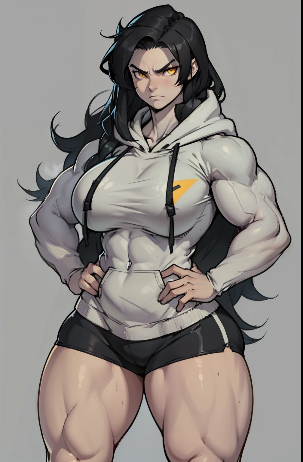 ((grey background)), solo, ((((1 girl)))), very long hair, black hair, angry, yellow eyes, (((((muscular))))), (huge tits), (thick thighs), (wide hips), pale skin, standing, slick hair, (hoodie)