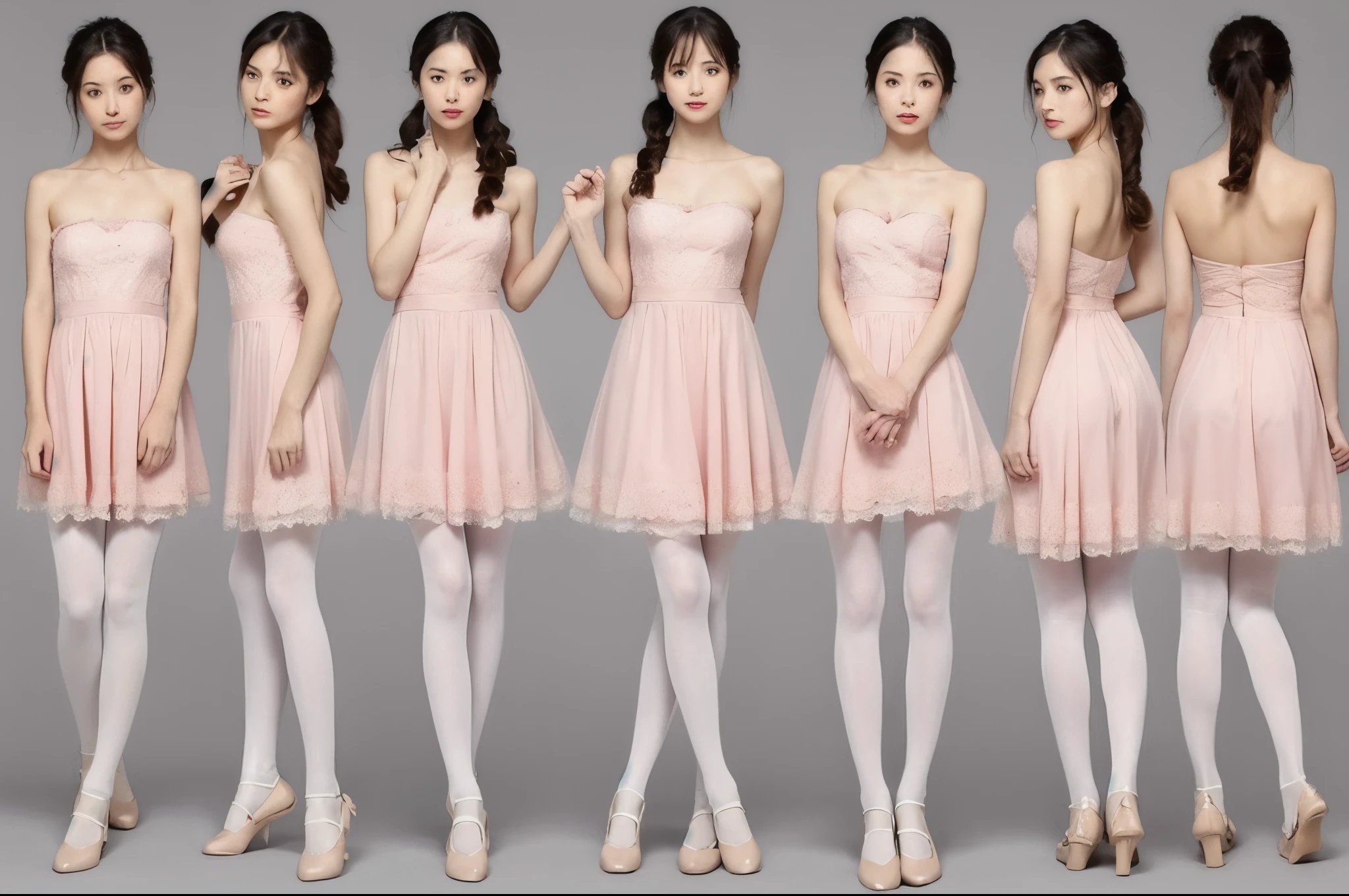 ((reference sheet)), (((a realistic one, detailed art)) , Seven-head body ratio、A girl with super long twin tails reaching her waist. She is wearing a strapless dress, Light pink dress with spaghetti straps，Decorated with floral pattern and small strawberries, Lace trim at neckline. She also paired it with pure white tights (Lace pantyhose). Artwork should include full-body views from the front and back, Her arched feet and diamond ballet flats are clearly visible, and detailed close-ups of her face and shoes......, Similar to previous description，But the perspective or posture is different.