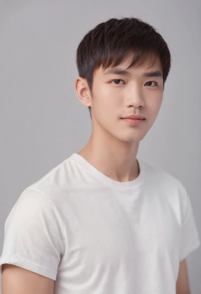 (Photo: 1.3) in the (Realistic: 1.3), East Asian Men,bowl cut,Soft light, Clear face, front, ((White T-shirt)), Cheerful, Warm light, ((Gray-white gradient background)),(Background)) ,avatar,(,Handsome,年轻,((avatar))