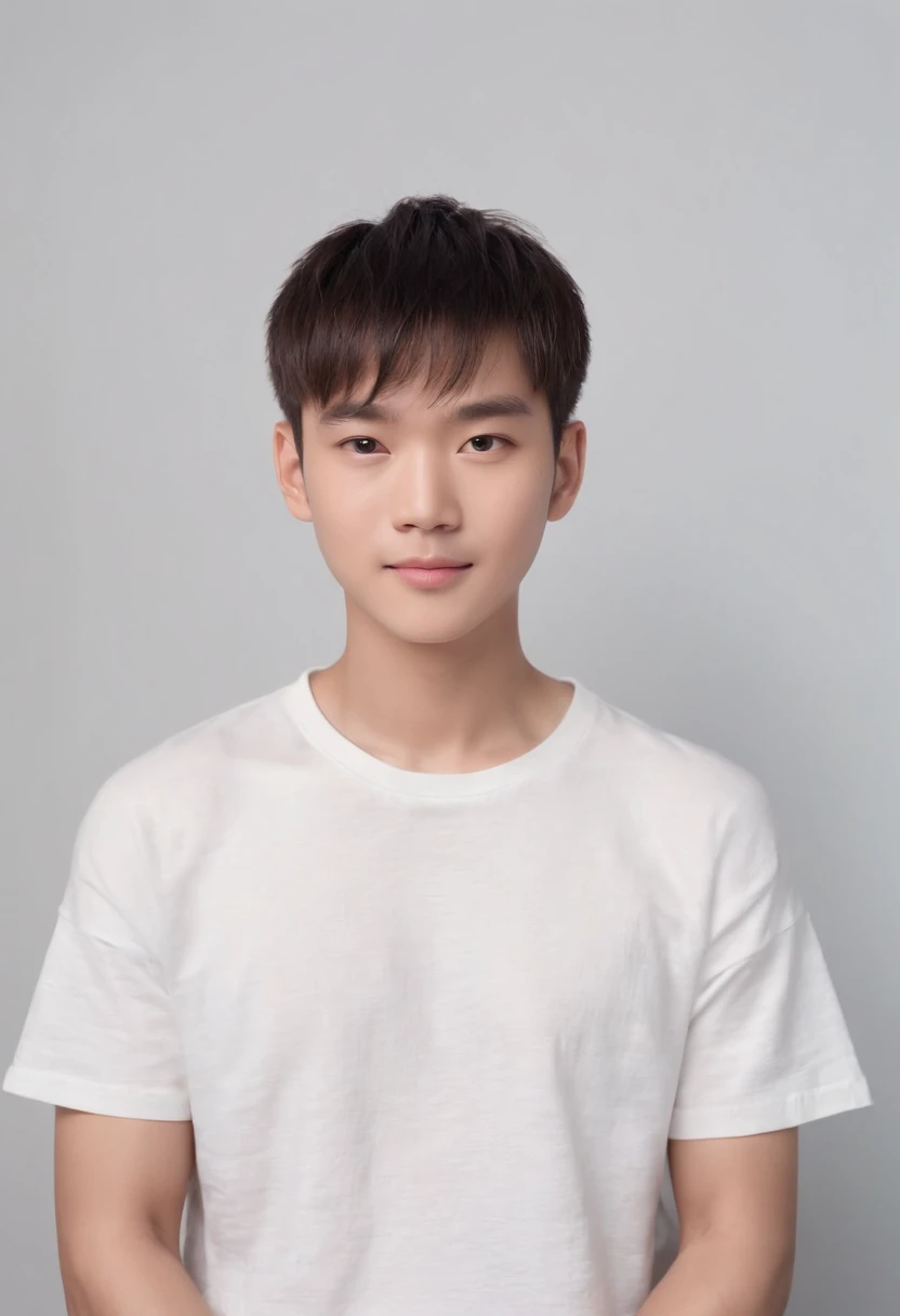 (Photo: 1.3) in the (Realistic: 1.3), East Asian Men,bowl cut,Soft light, Clear face, front, ((White T-shirt)), Cheerful, Warm light, ((Gray-white gradient background)),(Background)) ,avatar,(,Handsome,年轻,((avatar))
