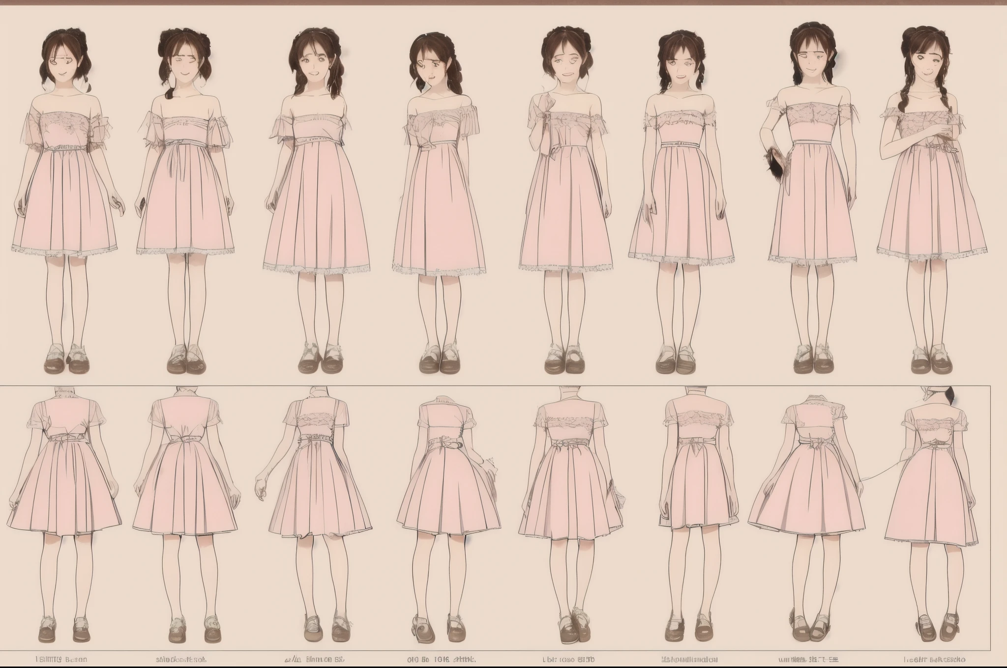 ((reference sheet)), (((a realistic one, detailed art)) , Seven-head body ratio、A girl with super long twin tails reaching her waist. She is wearing a strapless dress, Light pink dress with spaghetti straps,Decorated with floral pattern and small strawberries, Lace trim at neckline. She also paired it with pure white tights (Lace pantyhose). Artwork should include full-body views from the front and back, Her arched feet and diamond ballet flats are clearly visible, and detailed close-ups of her face and shoes......., Similar to previous description,But the perspective or posture is different.