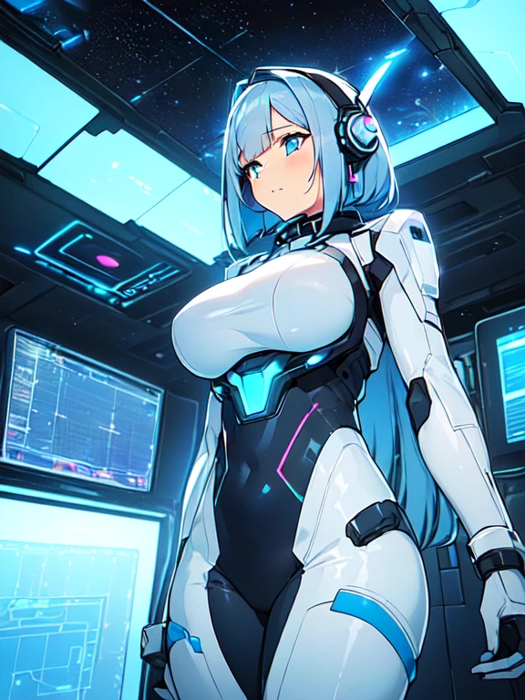 masterpiece:1.4, 1girl in ((20yr old, Wearing a futuristic white and silver costume, Tight Fit Bodysuit, long boots, Very gigantic-breasts, Colorful blue hair, a short bob, Perfect model body, Blue eyes:1.2, Wearing headphones, Looking out the window of the futuristic sci-fi space station、While admiring the beautiful galaxy:1.2, SFSF control room on night background:1.1, Neon and energetic atmosphere:1.2)) ((Galaxy))