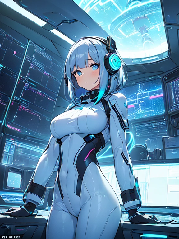 ​masterpiece:1.4, 1girl in ((20yr old, Wearing a futuristic white and silver costume, Tight Fit Bodysuit, long boots, Very gigantic-breasts, Colorful blue hair, a short bob, Perfect model body, Blue eyes:1.2, Wearing headphones, Looking out the window of the futuristic sci-fi space station、While admiring the beautiful galaxy:1.2, SFSF control room on night background:1.1, Neon and energetic atmosphere:1.2)) ((Galaxy))