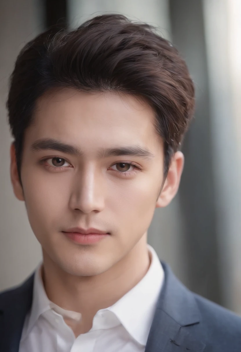 Selfie only，With short black hair ，Beautiful eyes，Light sensitivity in the eyes Long eyelashes，Real and realistic，red rip，Light and Shadow Details，pearlescent，Oguri， Cool guy，Beautiful facial features，young  handsome Man，Eyes Like Gems，affectionate eyes，Light lips，Business suits，Realistic