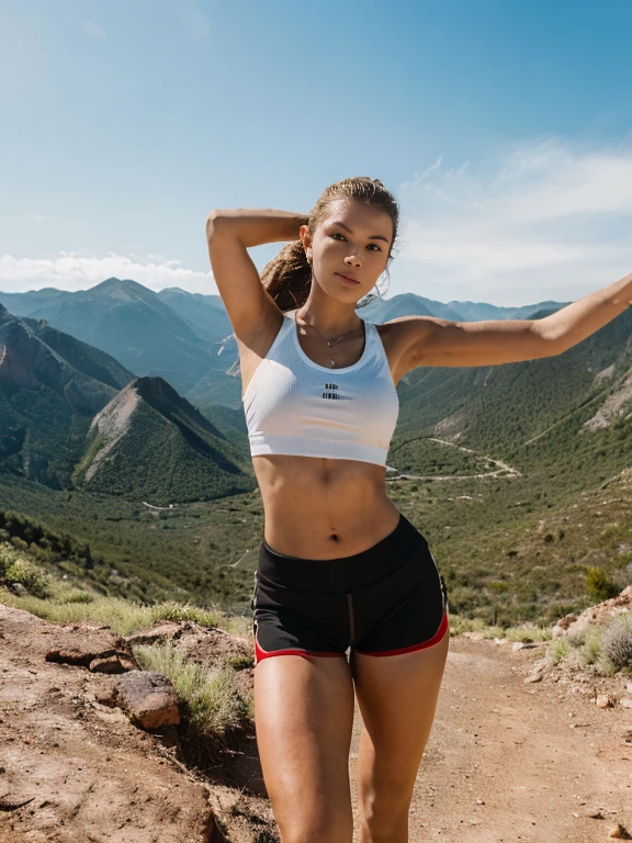 (8k, highest quality, ultra detailed:1.37), (Janette), 18yo, (an adventurous Afrikaner college girl), embarks on an athletic adventure. Dressed in sporty Activewear, she conquers a challenging mountain trail. The high-resolution image captures ultra-detailed realism, highlighting Janette's captivating eyes, long eyelashes, and flawless complexion. The breathtaking mountain landscape, with rocky terrain and sweeping views, adds to the adventurous atmosphere, creating a visually stunning representation of Janette's athletic spirit.