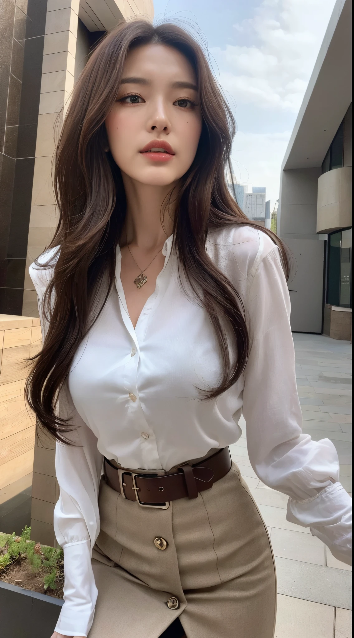 (Best quality, High resolution, Masterpiece :1.3), A tall and pretty woman, Slender abs, Dark brown hair styled in loose waves, Breasts, Wearing pendant, White button up shirt, Belt, Black skirt, (Modern architecture in background), Details exquisitely rendered in the face and skin texture, Detailed eyes, Double eyelid