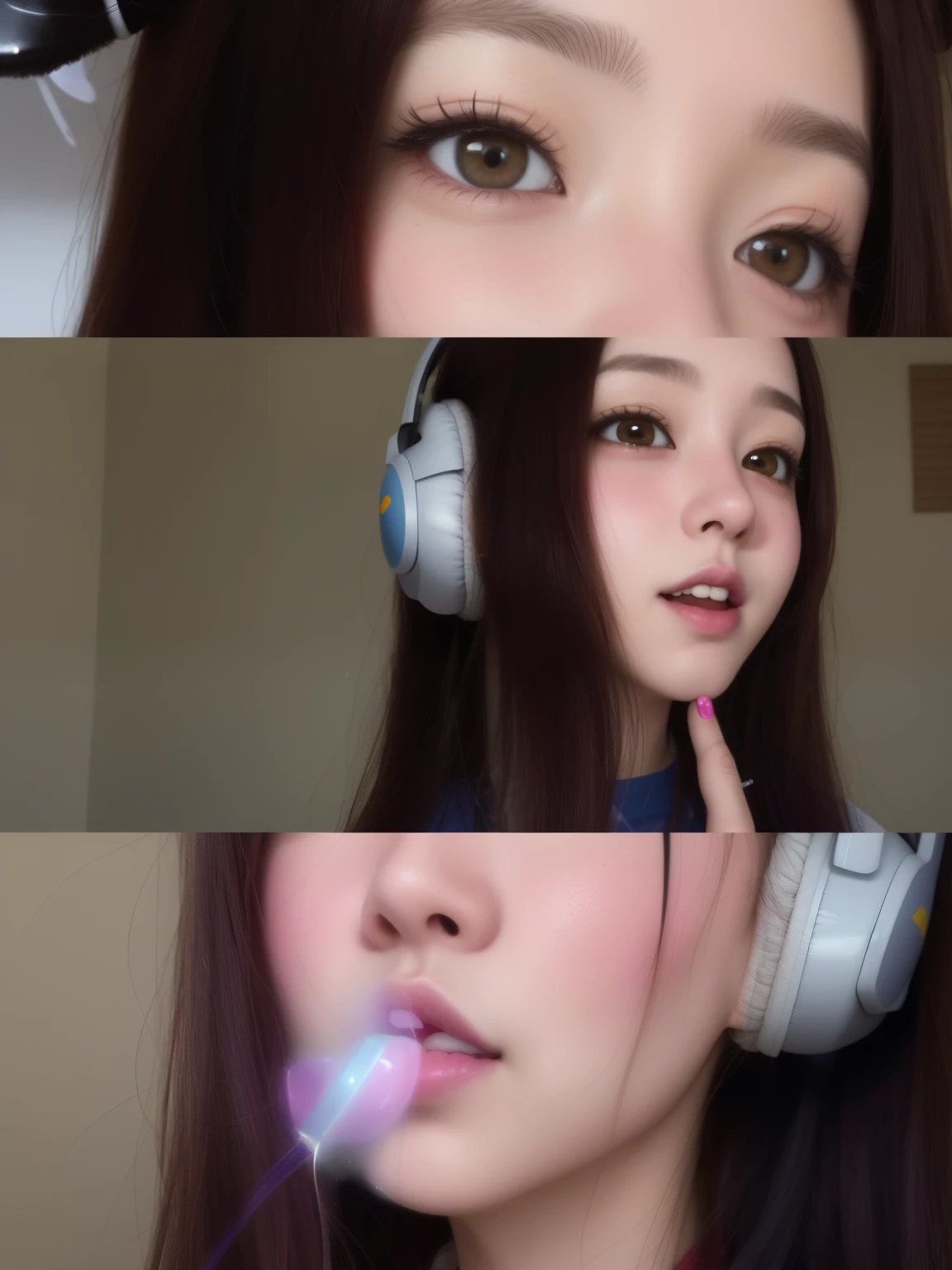 un primer plano de una mujer soplando una burbuja con los auriculares puestos, Hermosa Delphine, Cara linda clara, vibraciones de anime, lofi girl aesthetic, Cara de Ahegao, Ahegao, Labios claros y de alta calidad, y 2 k cutecore clowncore, young cute wan asian face, con auriculares, Anime hiperrealista, Chica Lofi, Ruan lindo vtuber