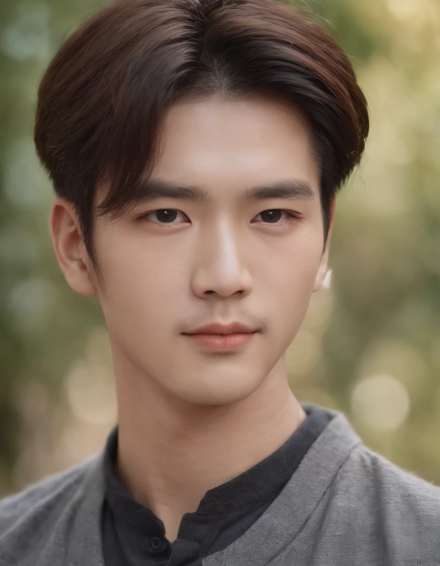 A pretty Asian man with a strong face and sharp eyes. medium mullet, Layered hair, Black hair. The portrait is focused on his face, Close-up shot with 85mm. he is looking straight into the camera. The boy looks like Lee Jong Suk and Kwon Soon Young. Artwork is created using high quality materials, oil paintings, digital renderings, etc.. The image is、with very detailed features、Must have a realistic and photorealistic quality. lighting is balanced, Highlights the boy's facial structure、Bring out vibrant colors in your work. The overall tone should be warm and attractive.