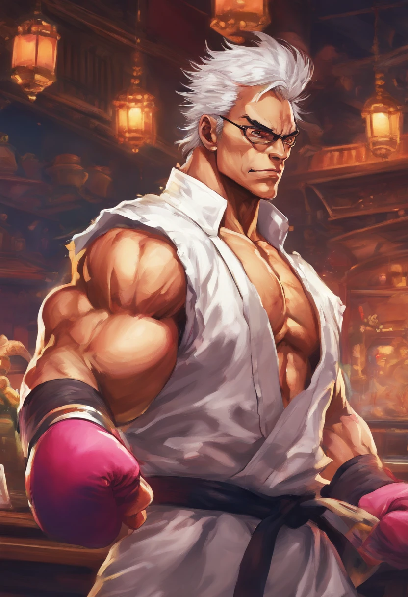 Masterpiece realistic, best high quality, perfect details, RAW Photo, intricate details, nice lighting, 4K, detailed background, big muscle, bartender minotaur, glasses, male, short hairstyle, white hair, tuxedo, behind counter, bar, smile, standing sex, stealth sex, clothe sex, sex, ,  invcoming