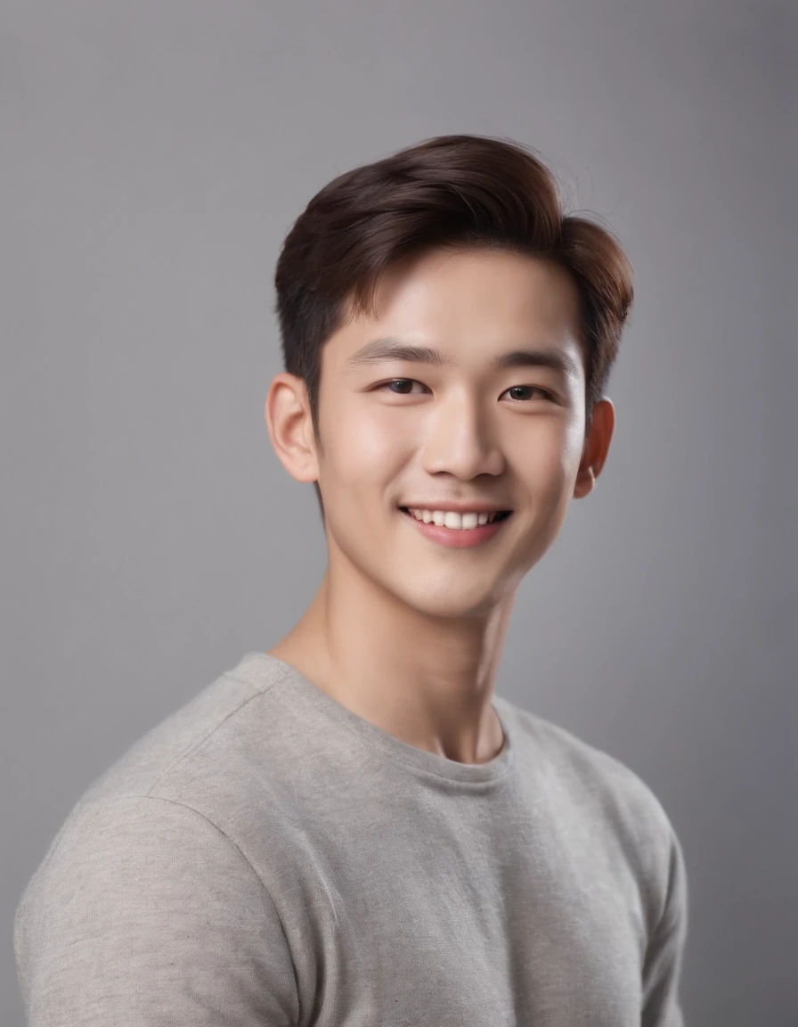 (Photo: 1.3) in the (Realistic: 1.3), East Asian Men, Soft light, Clear face, Happy, Cheerful, Smiling, Warm light, ((Gray-white gradient background)), (Background)). ((Gray wall background)) avatar, (long or short hair), Smile, Handsome, 年轻,, Short hair, Smile, ((Medium close-up))