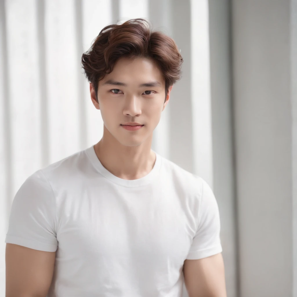 (Photo: 1.3) in the (Realistic: 1.3), East Asian Men,Curly_hair ,Soft light, Clear face, front, ((White T-shirt)), Cheerful, Warm light, ((Gray-white gradient background)),(Background)) ,avatar,(,Handsome,年轻,((avatar))