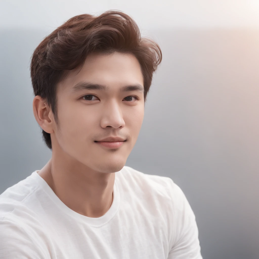 (Photo: 1.3) in the (Realistic: 1.3), East Asian Men,Curly_hair ,Soft light, Clear face, front, ((White T-shirt)), Cheerful, Warm light, ((Gray-white gradient background)),(Background)) ,avatar,(,Handsome,年轻,((avatar))
