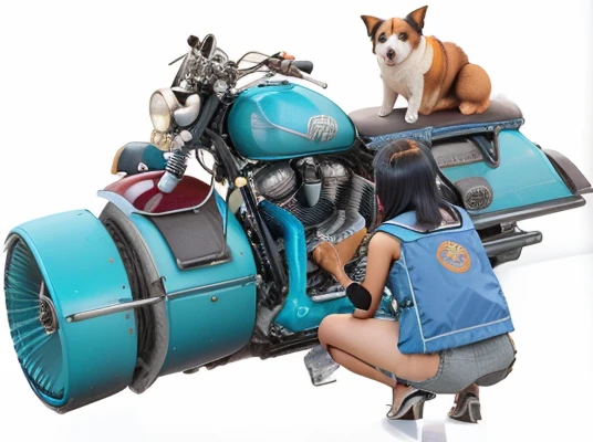 a close up of sexy asian girl with a motorcycle with a Little dog on the back, cyberpunk motorbike,  steampunk motorcycle, [ realistic photo ]!!, katsuhuro otomo highly detailed, airbrush render, vulcaon machine gun, motorcycle concept art, akira moto, (((luke chueh))), render naughty dogSide view of Asian Young , beautiful sexy girl full naked, Just dressing Orange padded winter vest , she is kneeling repairing a sci-fi hover flying bike , masterpiece , 8k , RAW , ultra realistic , very detailed, Perfect body, Perfect beauty, dramatic light, blurred future City background,very little breast, dramatic light, cinematic Pic, blurred futuristic city on the background