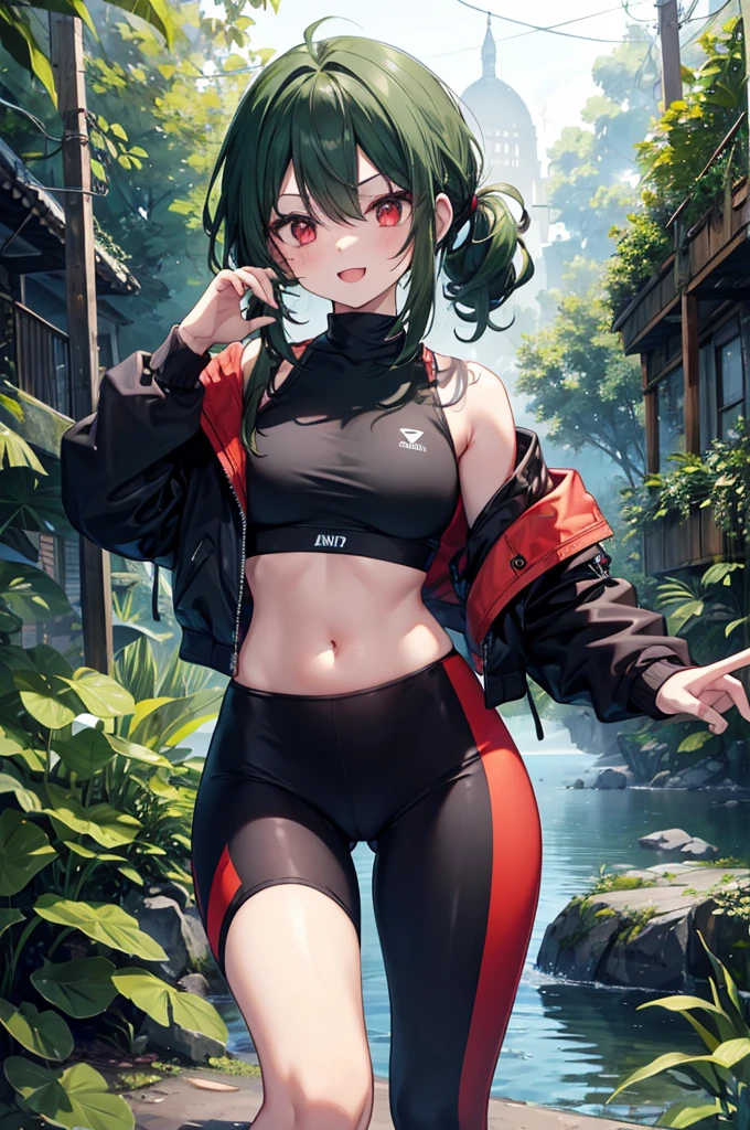 (masterpiece), Top quality from above, Expressive eyes, Perfect Face, Bulky, From below, Black and green hair, ponytail, Red eyes, Play sports often, Moderate breasts, Red cheeks, stomach, belly button, nature, lake, Overgrown, rich vegetation, Grapevine, Perfect Anatomy, Perfect Fingers, 65 years old, Moderate, Black bomber jacket, :is, trainer, leggings, ( Perfect body, Perfect Fingers, Perfect hands ),Creampie in the crotch