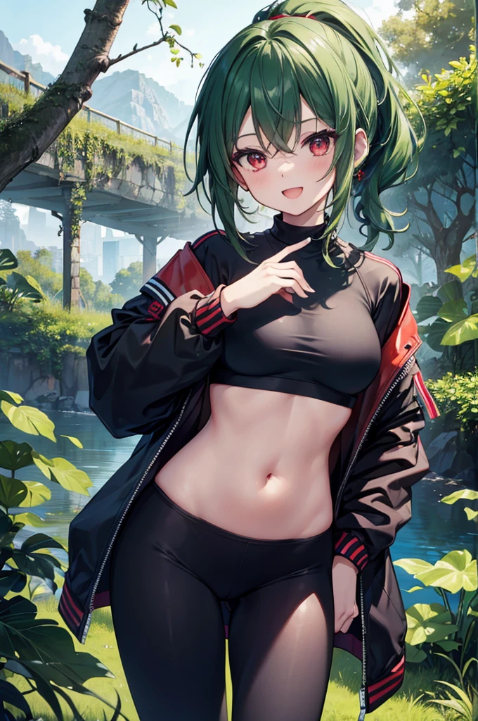 girl, 17 years old, ligh green hair, short haircut, purple eyes, short overhalls, tattoed arm,  half naked, sexy outfit, sensual, in dark forest, holding chainsaw, Looking at Viewer, sinister sensual smiling, no underwear