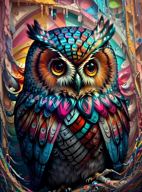 (cute owl),  Eduardo Kobra acolchoamento ,multidimensional geometric PORTRAIT wall, arte, chibi,
yang08k, lindo, colorido,
obras-primas, qualidade superior, melhor qualidade, arte oficial, beautiful and aesthetic,