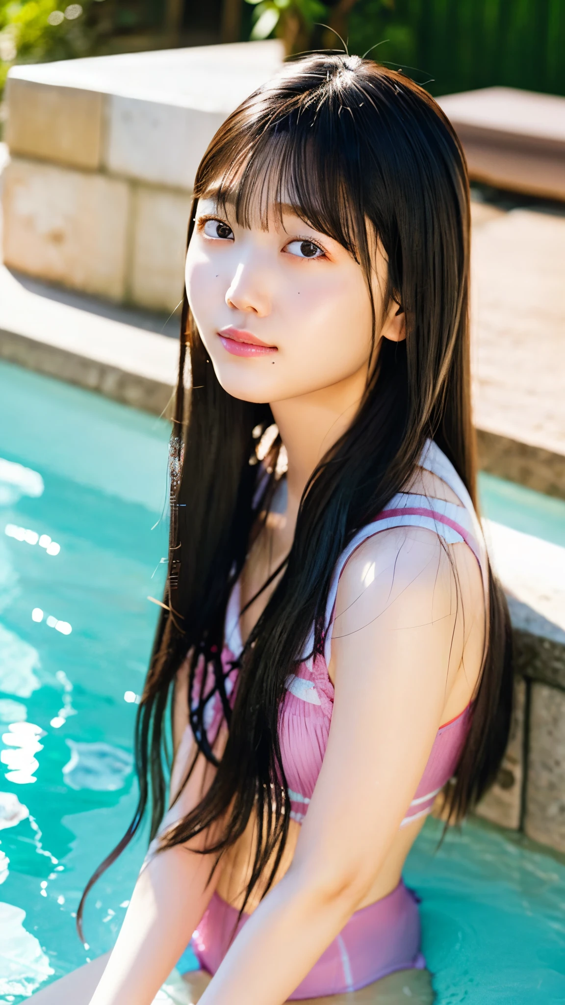 (top-quality、16K resolution)1人、独奏、natural soft light、A Japanese Lady、Looking at the camera、swim wears、Concrete background、Facing the front、is standing、bobhair、Woman in her late teeight bangs、short-hair、Salon model、Natural look、portlate、floated hair、Rolled hair
