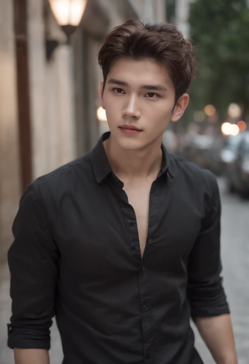 a 20-year-old boy, Black Full Shirt,Silky light messy hairstyle, Square face shape, light-colored beard, View camera at, Walking on the empty path, Direct Loading, Perfect Lighting, deepshadow, Best Quality, masutepiece, 超A high resolution, Photorealistic