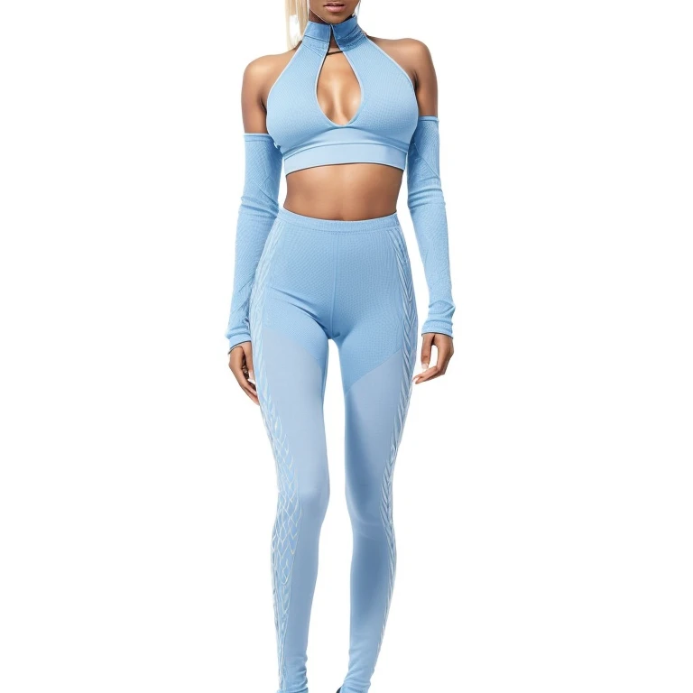 solo full shot of a very attractive ((brown skin young woman ))she is beautiful and petite wearing a fashionova blue outfit ((lifelike skin texture)) ((very detailed image )) she has a petite figure ((stunning eyes and a sharp nose)) a perfect ((blonde white hair))UHD, a Masterpiece,Realistic textures,(( hyper-realistic)), 8k, photorealistic, XT3 grain,Fujifilm((ines c dos santos)) standing in a (( professional lighting ))studio (sexy trending outfit )) blue top and tights fashionnova baddie look with jordans, stylish