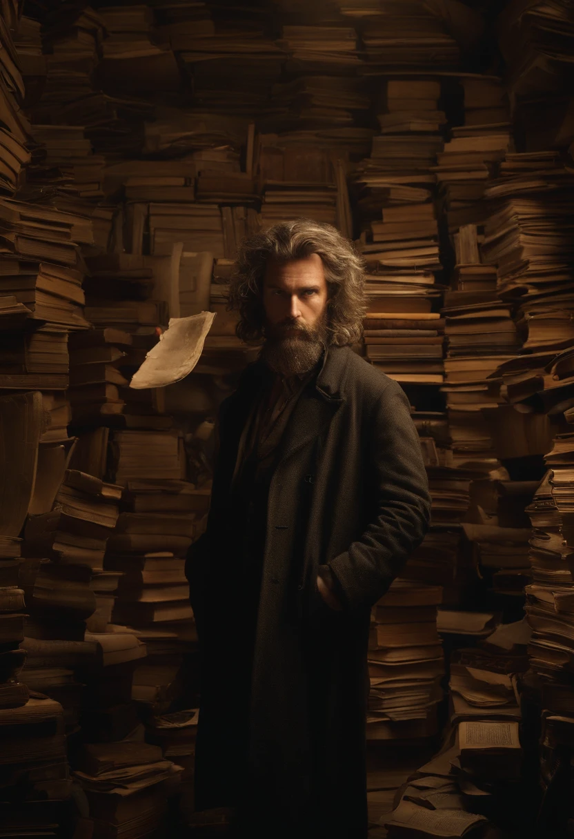 A photo of Vincent holding an old, enigmatic artifact, with a deep look of contemplation on his face.,original,Vincent “Vortex” Malone, with his disheveled appearance, is often seen in a dimly lit room, surrounded by screens and stacks of obscure books and papers. His wild, unkempt hair and intense, piercing eyes reflect his immersion in the world of conspiracy theories., male