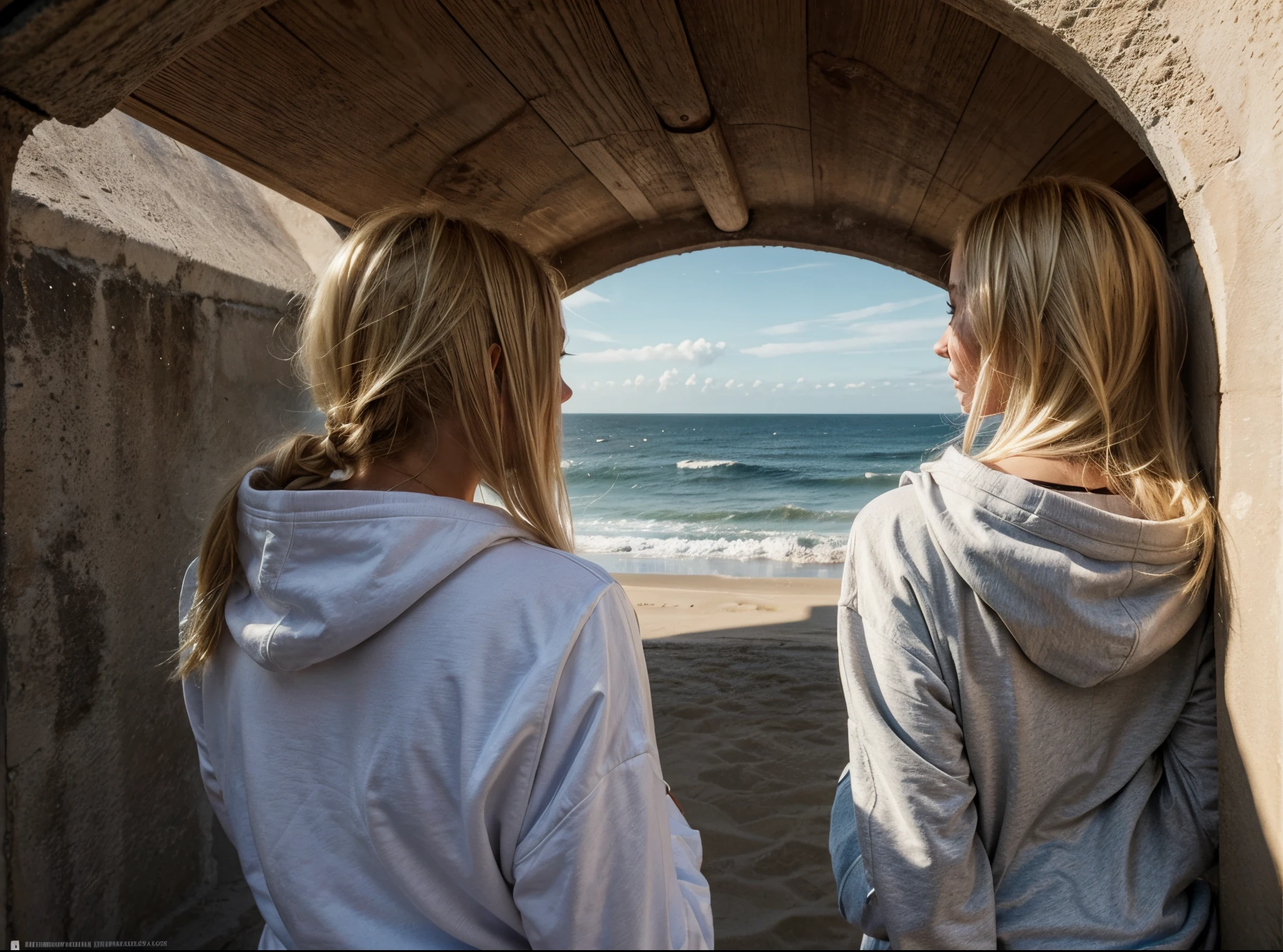 create an image of a blonde woman with her back looking at the sea wearing a hooded sweatshirt. show sand the ocean