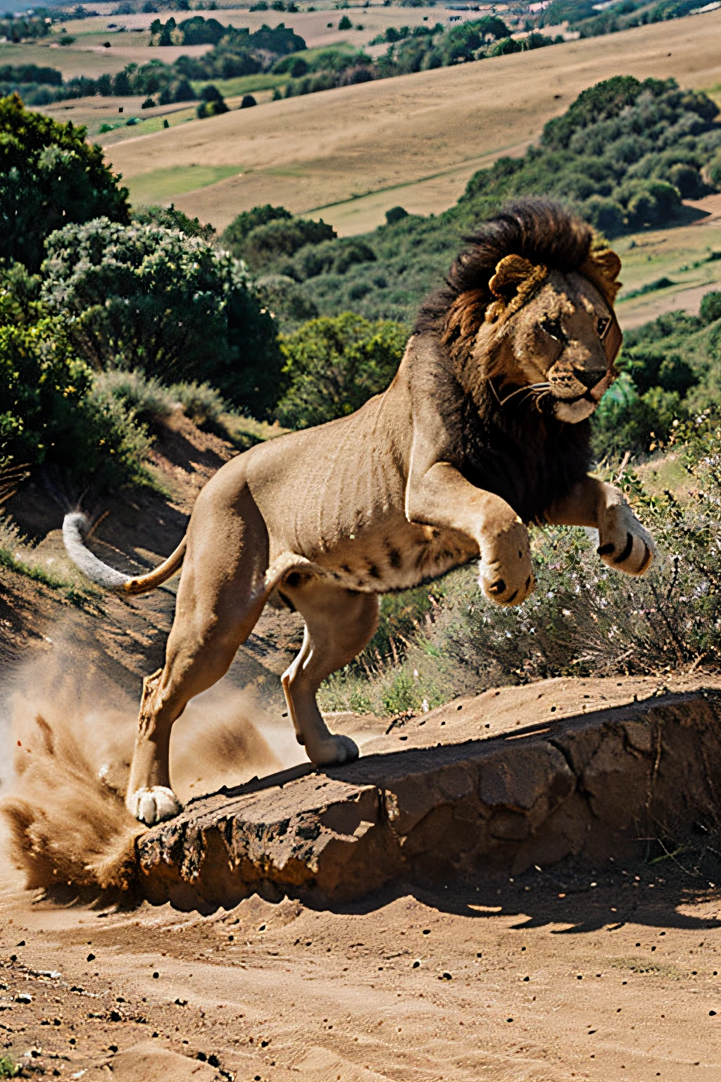 lion jumping on the hills like the puma brand