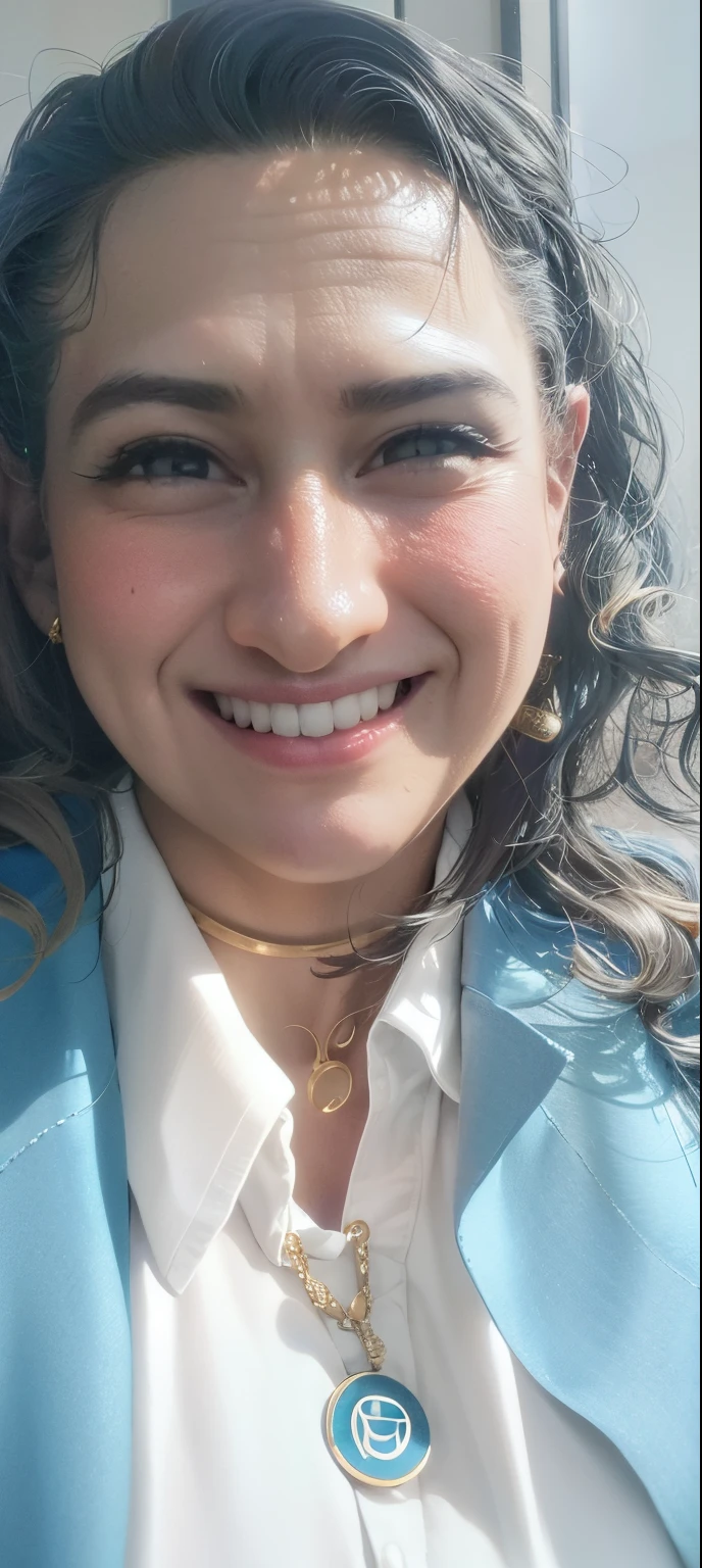 mulher sorridente com jaqueta azul e camisa branca e colar de ouro,