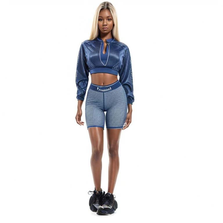 solo full shot of a very attractive ((brown skin young woman ))she is beautiful and petite wearing a fashionova blue outfit ((lifelike skin texture)) ((very detailed image )) she has a petite figure ((stunning eyes and a sharp nose)) a perfect ((blonde white hair))UHD, a Masterpiece,Realistic textures,(( hyper-realistic)), 8k, photorealistic, XT3 grain,Fujifilm((ines c dos santos)) standing in a (( professional lighting ))studio (sexy trending outfit )) blue top and tights fashionnova baddie look with jordans, stylish