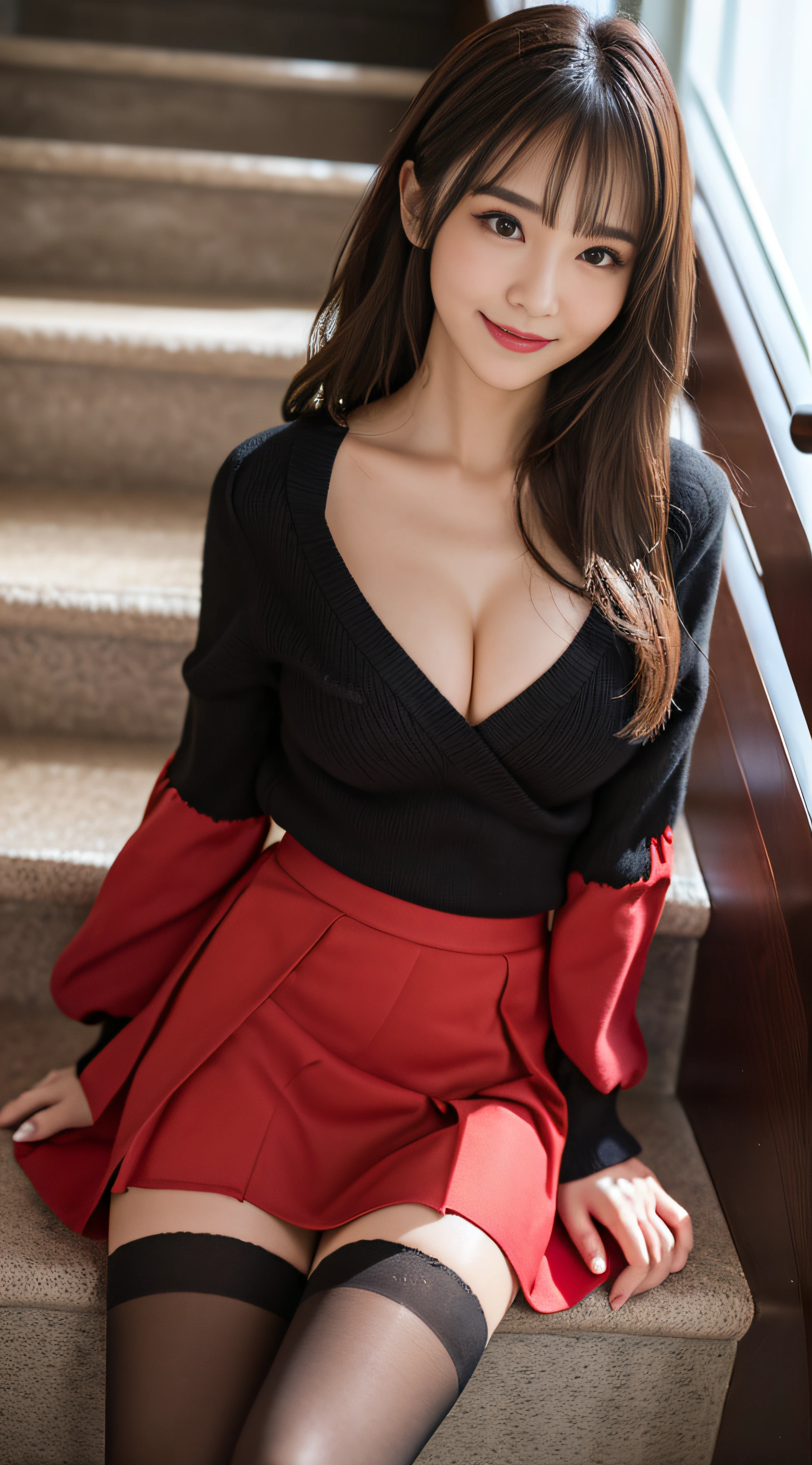 top-quality、Top image quality、​masterpiece、fully body photo、25 years old women, governess、Dark brown wavy middle hair、bangss、((Black long-sleeved knit、Red flared skirt、Stockings))、 ((no-bra、Puffy nipple、Flip the skirt、Visible))、Sexy light blue panties、soft boob、Large breasts、high-heels、 cute smile face、stairs at school、Sit on the stairs with your legs open、((I can see all my panties、Rub your chest with both hands、Touching the crotch))