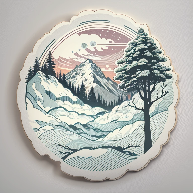 (Sticker),White background,(in circle), winter mountain with pine tree, ,Simple, Ultra detailed, Detailed drawing, vectorised, Silhouette, 8K, professional sticker design, Flat design, Vector lines, Sticker, Full-HD