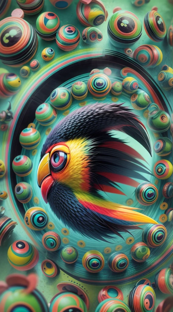 animal, toucan, solid big circle eyes, cat ears, ecstatic, various colors, fang, accurate, Surrealism, drop shadow, anaglyph, stereogram, tachi-e, pov, atmospheric perspective, 8k, super detail, best quality