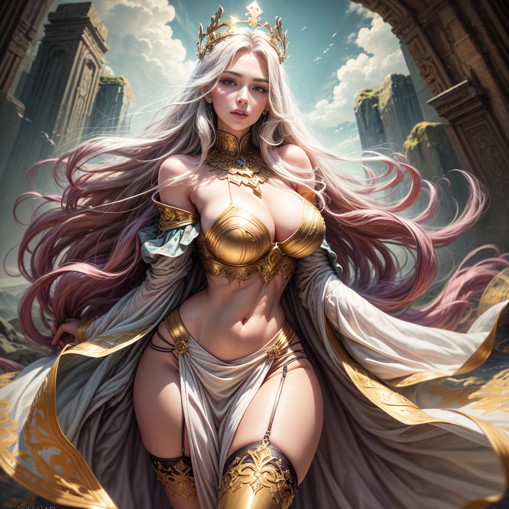 best quality,ultra-detailed,realistic:1.37,portrait,Norse goddess Frigg,beautiful detailed eyes,beautiful detailed lips, giant breasts, skinny but curvy, long hair flowing in the wind,golden crown and body jewelry, bellybutton piercing, serene and wise expression,flowing gown,standing on a mountain top with a majestic Nordic landscape in the background, warm color palette,soft and gentle lighting,subtle glow surrounding her as a symbol of her divine power, short dress, open chest, low cut white dress, showing hips, showing shoulders, transparent fabric, black stockings and garter belt, --auto --s2