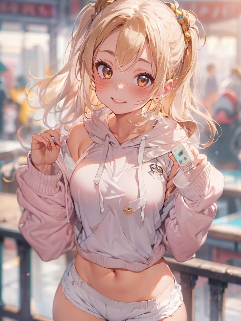 Masterpiece, 4k quality, 1girl, ultra detailed, beautiful girl with blonde hair in a bun and golden eyes that reflect the sun, short shorts that show her thick thighs, wearing a hoodie, medium boobs, gentle smile, blush, freckles on her face, pink lips, full body