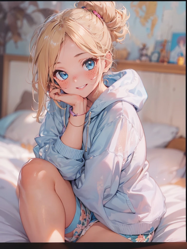 Masterpiece, 4k quality, 1girl, ultra detailed, beautiful girl with blonde hair in a bun and ocean blue eyes, short shorts that show her thick thighs, wearing a sweatshirt, medium boobs, gentle smile, blush, freckles on her face, pink lips, full body, bedroom background