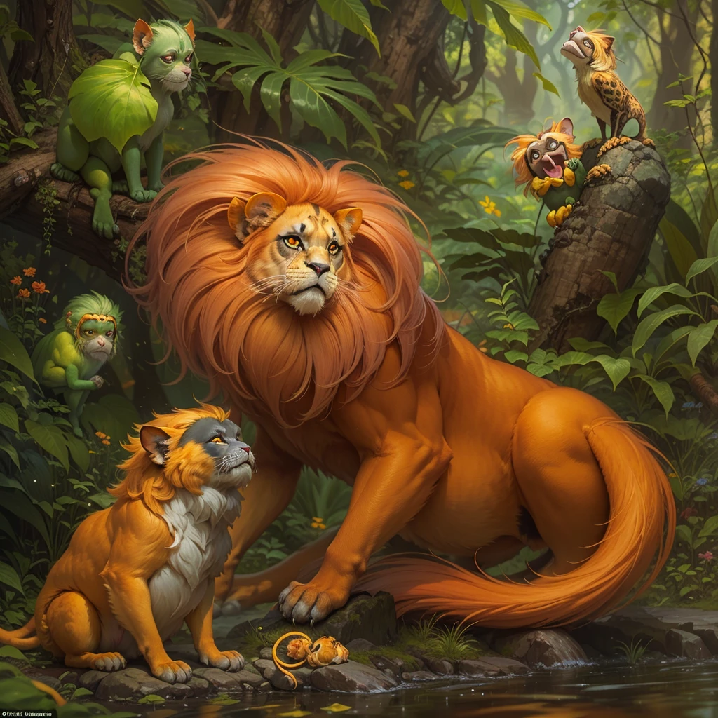 Explore an unusual and enchanting scene: a Hydrochoerus hydrochaeris relaxing serenely while a golden lion tamarin is from the family Callitrichidae and genus Leontopithecus sits on its back, calmly removing ticks and enjoying a snack. Convey the animals' happiness and contentment in this unusual scene, highlighting the details of their expressions and the natural scenery around them. A scene that mixes curiosity, harmony and humor in the interaction between these animals in a captivating way."