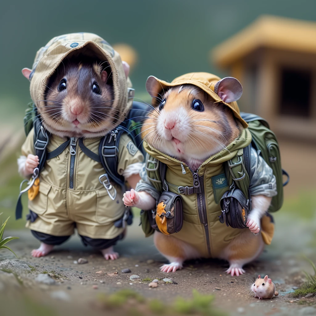 (((1 cute hamster adventurer))),(garments:Hamster adventurer wears a lightweight yet hard-wearing adventure outfit。This outfit can include a camo-colored adventure vest,Plenty of pockets for carrying gadgets and food。It can also wear an adventure hat,The hat has a string tied to the chin,To prevent being blown away by the wind while traveling)。(equip:Hamster adventurer carries a small backpack,A rope tied to the backpack,Easy to carry。A backpack filled with essential adventure tools,like a small compass、folding telescope、Multifunctional knife, etc.。It may also carry a small trekking pole,to help travel in rough terrain),(Sail ships: 1.5)、(Caribbean:1.5)、(((adventuring、mod、Thrilling、treasures、adventurer、islands、originality、imagination)))