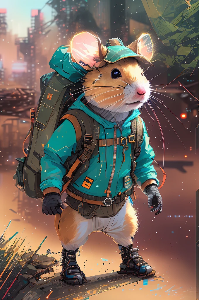 (nwinkpunk:1.2) (styled:0.8) A hamster wearing outdoor explorer clothing,Carry an adventure backpack, lightwave, the sunset, iintricate, The is very detailed