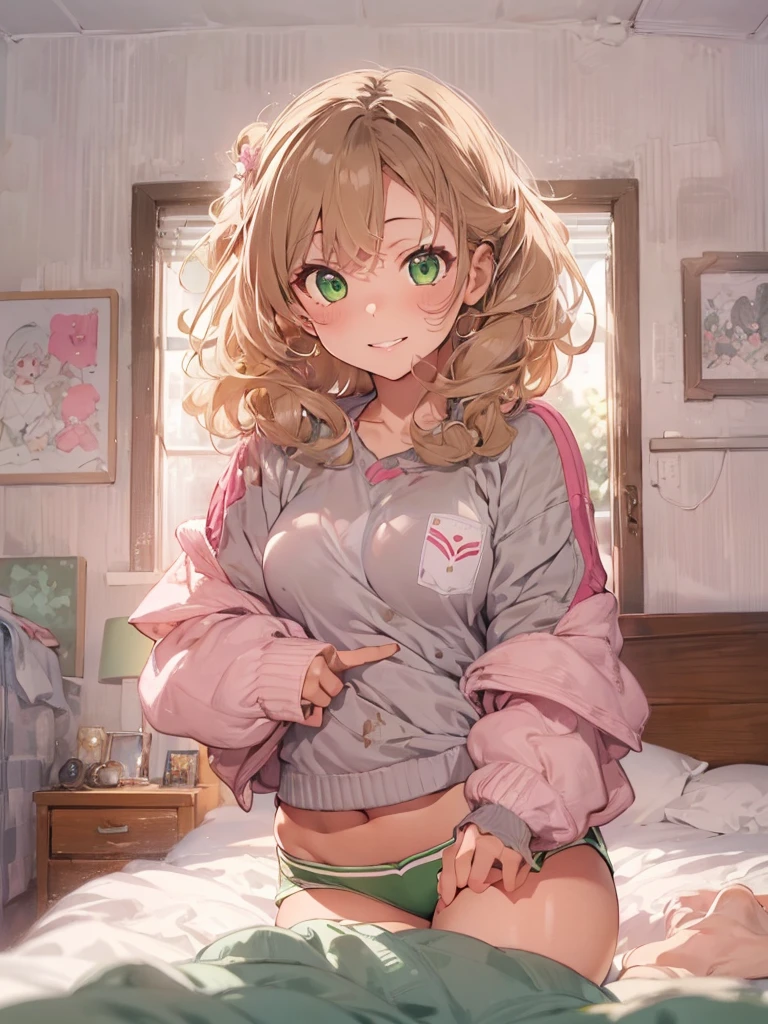 Masterpiece, Highly detailed, 4K quality, one girl, mature female, beautiful woman with curly brown hair and blond tips, green eyes, sweatshirt, short shorts, belly neckline, perfect belly, that show her thick thighs, gentle smile, pink lips, medium boobs, bedroom background