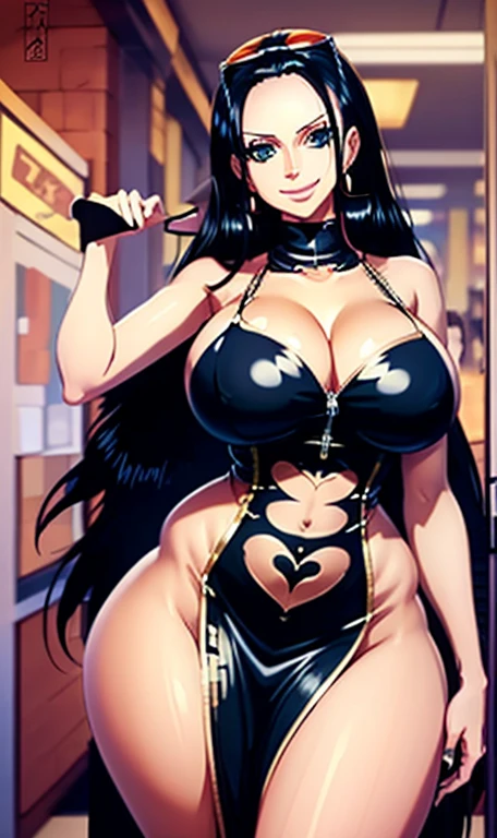 Girl,long hair,black hair,smile,wear lipstick,wearing earrings,fair skin,big nose,big breasts,office wear,pointy eyebrows,slanted eyes,beautiful woman,beautiful girl,pose,realistic, thicc curves voluptuous, big butt, (wide hips:1.4), (thick thighs:1.4)