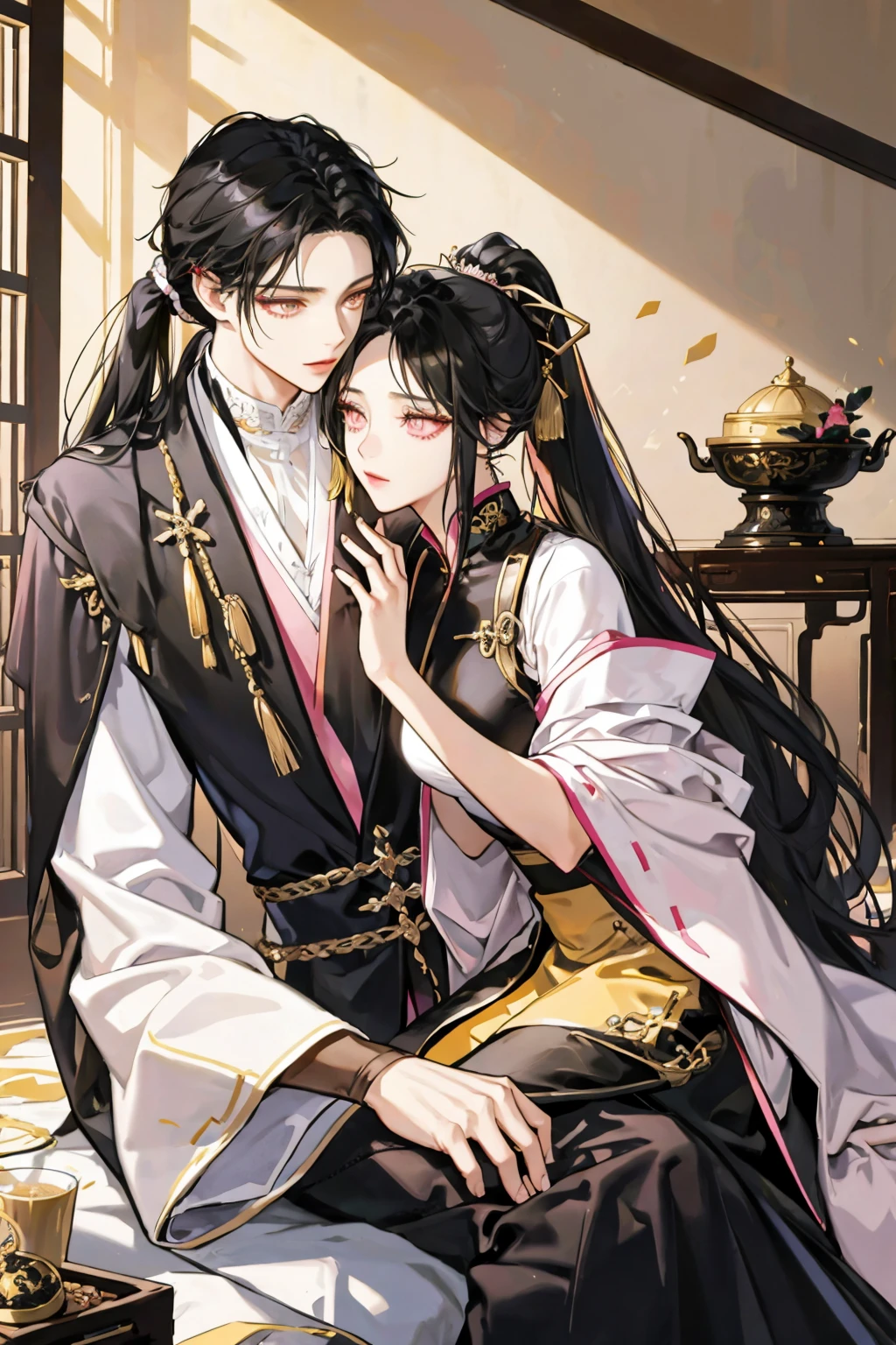 ((tmasterpiece)), Best quality at best, Excellent illustration, a couple kissing, soft focus, 1 long black hair、high ponytail boy, yellow-eyed,Wearing black Hanfu, 1 girl with long black hair, No bangs, a pink eyes,Wear a pink dress, in a luxuriously living room, Chinese furniture,opulent and exquisite atmosphere, natta,gentlesoftlighting,Boys are taller than girls, They kissed each other passionately,Attractions,high high quality,high detal,detailface